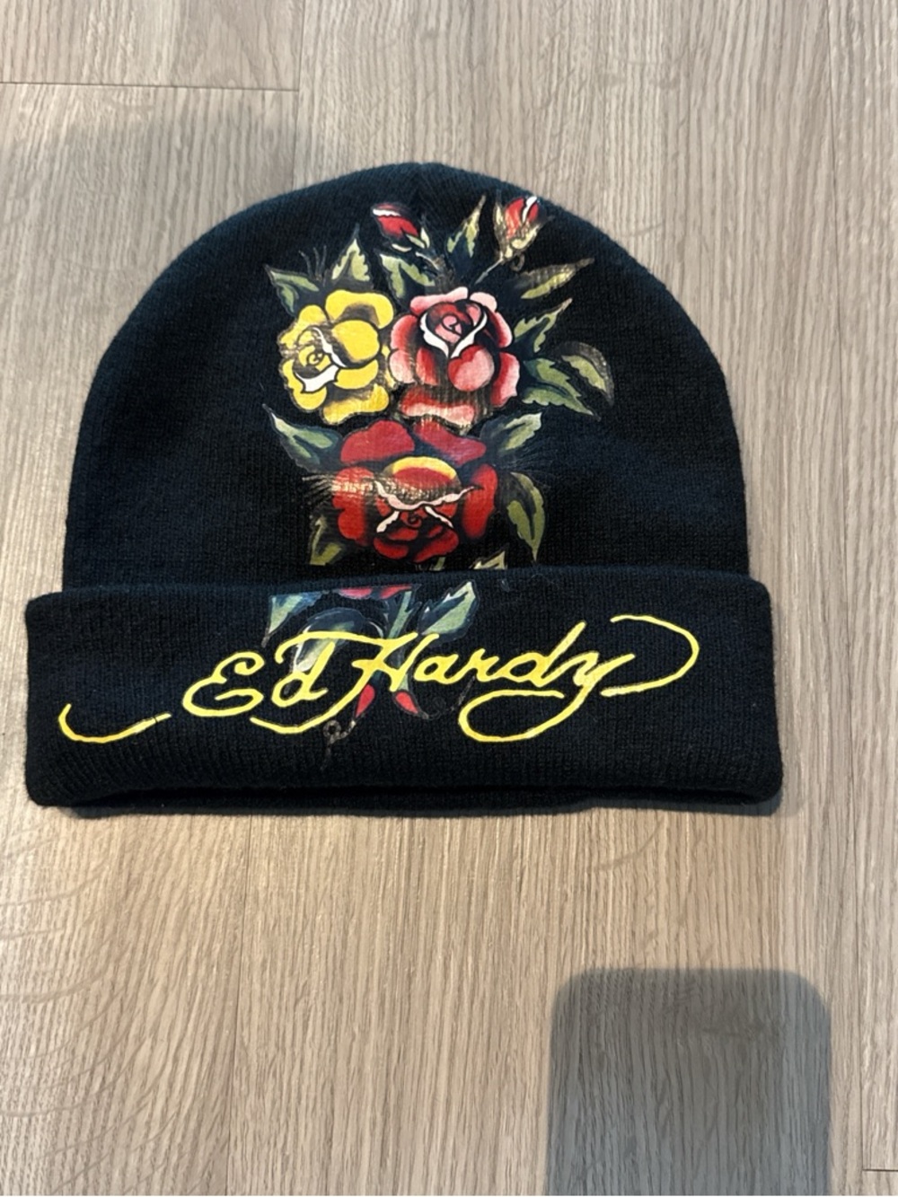 Ed Hardy Black Knit Cuffed Beanie with White Logo Patch